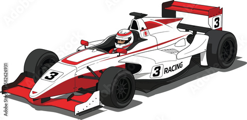 An illustration showcases a dynamic red and white racing car with driver, embodying speed and motorsport excitement.