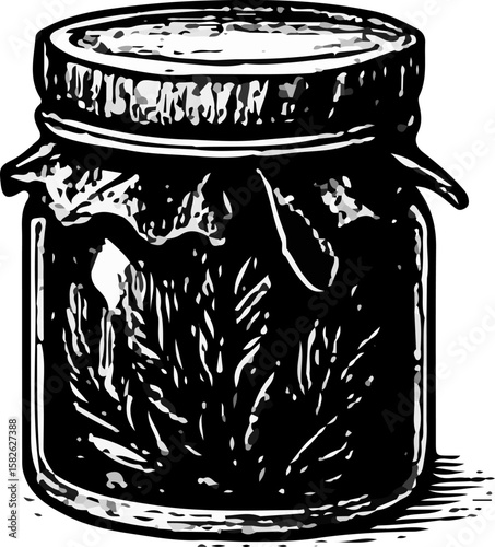 A jar filled with preserved herbs or loose leaf tea, richly textured in a black and white woodcut style, for natural products