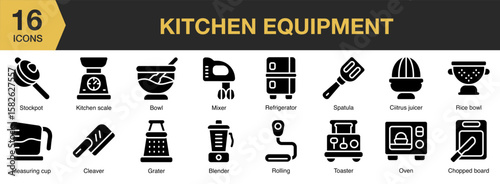 Kitchen Equipment solid icon set. Includes kitchenware, cook, table, food, oven, and More. Solid icons vector collection.