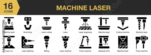 Machine Laser solid icon set. Includes machine, laser, technology, equipment, engineering, and More. Solid icons vector collection.