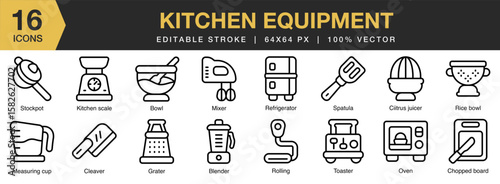 Kitchen Equipment icon set. Editable Stroke Icon Collection. Includes kitchen, equipment, steel, stainless, cooking, and More. Outline icons vector collection.