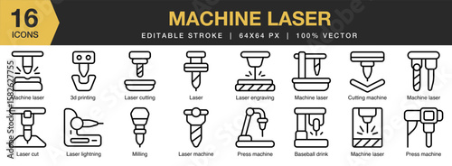 Machine Laser icon set. Editable Stroke Icon Collection. Includes industry, cnc, factory, production, manufacturing, and More. Outline icons vector collection.