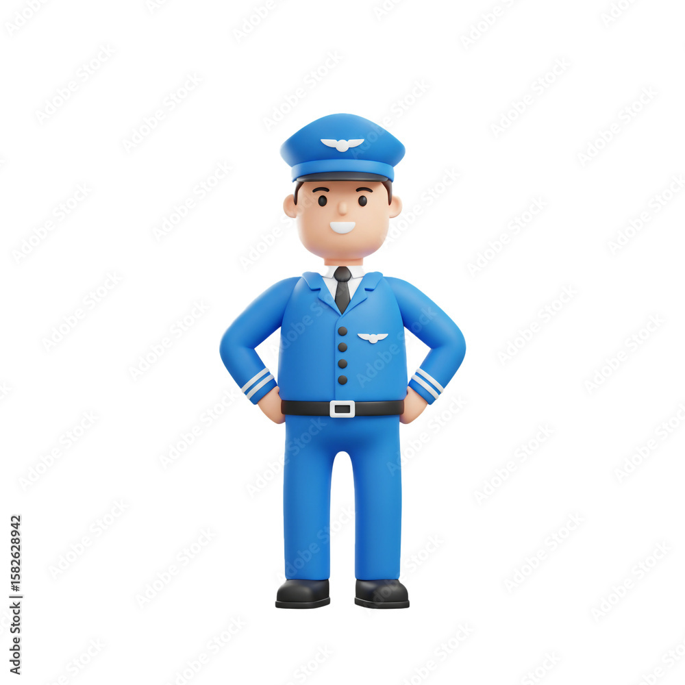 Cartoon pilot character in a blue uniform standing confidently ready for flight adventures Cartoon pilot character in a blue uniform standing confidently ready for flight adventures