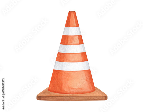 Orange and white striped traffic cone with square base on transparent background