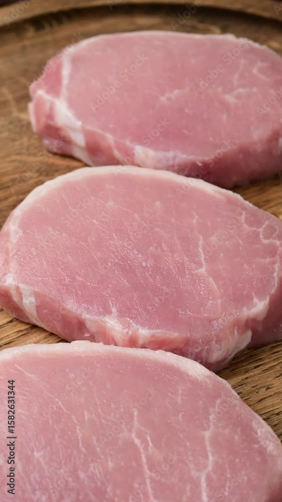 Fresh raw pork escalopes arrangement on wooden surface highlighting texture and cuts Fresh raw pork escalopes arrangement on wooden surface highlighting texture and cuts