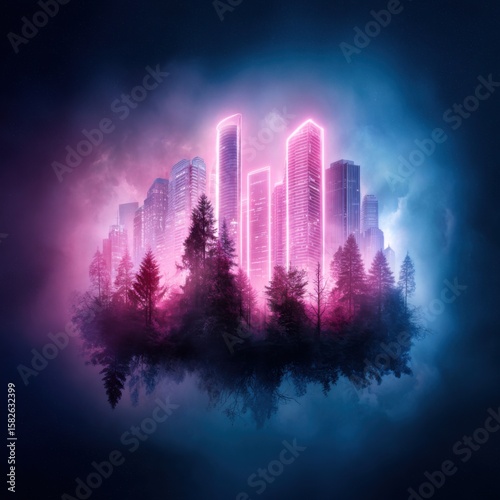 Neon-lit cityscape rising above a dense forest with glowing pink skyscrapers, set against a moody blue and purple misty background.
