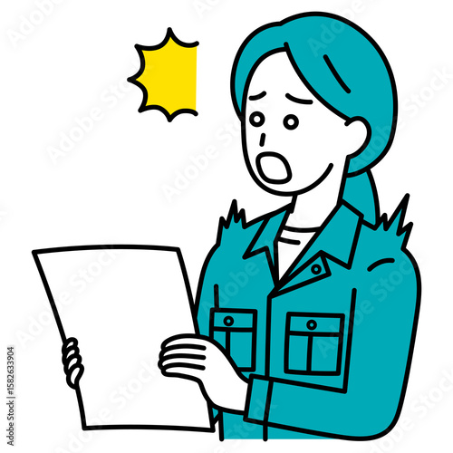 書類を見て驚く作業員の女性
