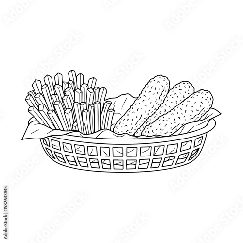 Hand-Drawn Vector Outline of Classic Oval Lattice Basket with French Fry Pile and Crispy Breaded Chicken Tender or Fish Stick on Crumpled Paper Liner in Black and White Illustrative Style