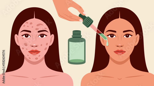 woman's face showing before and after acne treatment, vector illustration for skin care, dermatology and cosmetic beauty routine