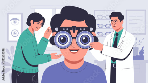 optometrist examining patient with phoropter, vector illustration for consulting an ophthalmologist, vision correction and professional eye care
