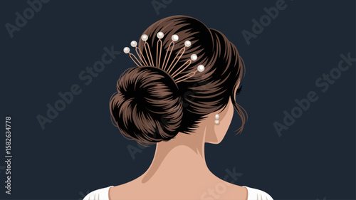 woman with an elegant brunette updo decorated with pearl hairpins, vector illustration for bridal beauty, formal event hairstyling and classic glamour