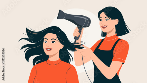 hairstylist using blow dryer on client's hair, vector illustration for professional hair salon service, beauty treatment and cosmetology