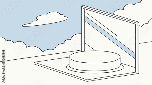 Minimalist 3D rendering of a geometric structure against a cloudy blue sky.