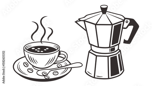A stylish black and white illustration of a steaming coffee cup next to a moka pot.