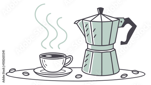 A stylish stovetop coffee maker beside a freshly brewed cup of coffee, creating an inviting atmosphere.