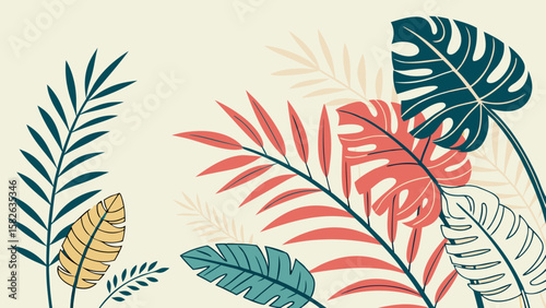 A vibrant composition of tropical leaves showcasing a blend of green, coral, and yellow hues on a soft background.