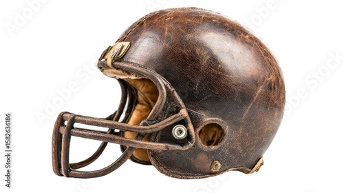 Vintage brown leather football helmet appears isolated on a transparent background.
