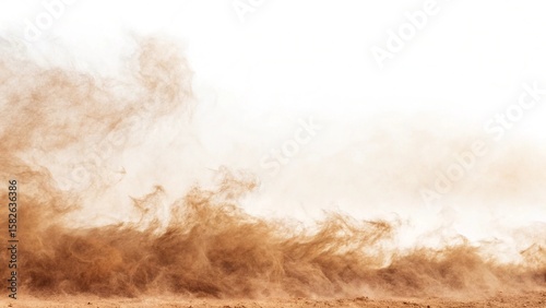 Dramatic dust cloud rising over arid land creates a powerful sense of barrenness and desolation.