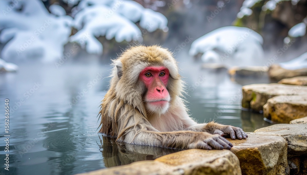 Fototapeta premium 雪と温泉の楽園：日本の冬を彩る、くつろぐ日本猿