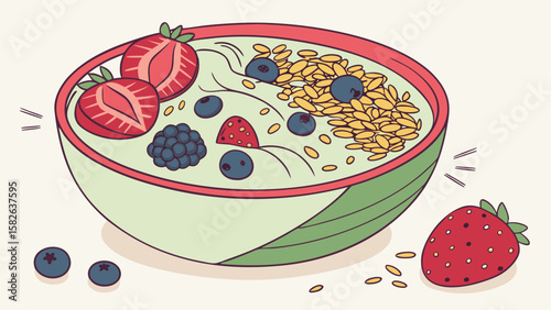 A vibrant red raspberry and strawberry dessert with fresh cream and muesli is a healthy breakfast meal