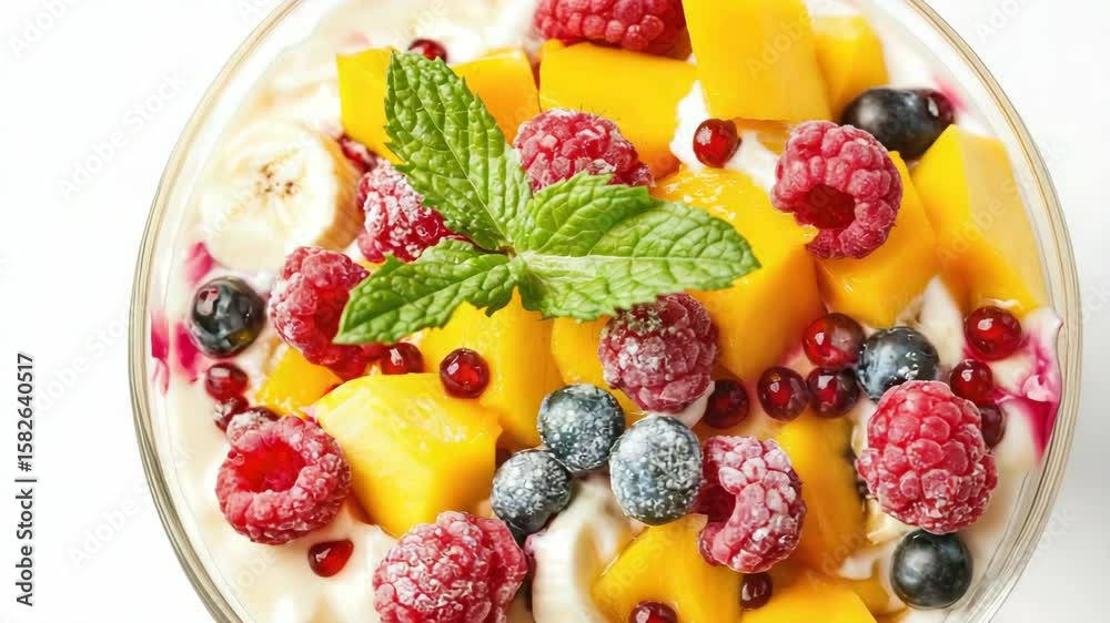 A refreshing and healthy smoothie bowl with yogurt, fresh fruits like raspberries and blueberries, topped with a mint leaf. A refreshing and healthy smoothie bowl with yogurt, fresh fruits like raspberries and blueberries, topped with a mint leaf.