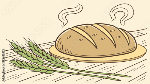 Loaf of bread with wheat in a fresh bakery style illustration