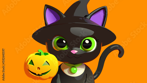 A cartoon black cat wearing a witch hat and holding a jack o lantern on an orange background design