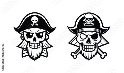 Two cartoon pirate skulls with jolly roger hats and beards