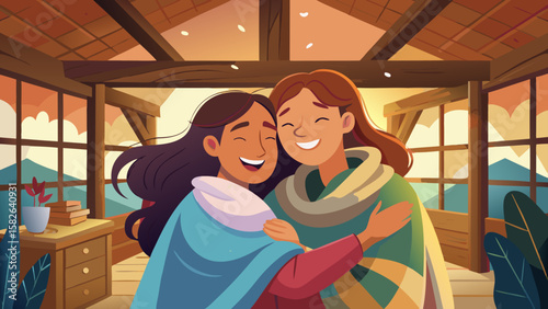 Two women embracing in a cozy cabin with a view of mountains and a warm sunset light coming through windows