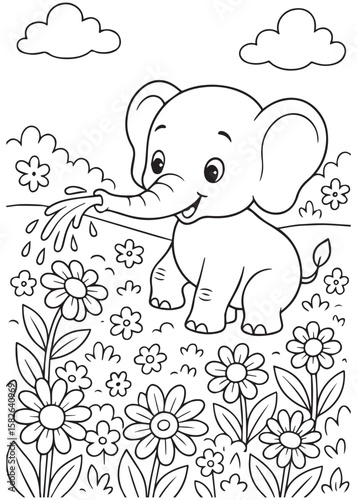 Coloring book elephant watering flowers.