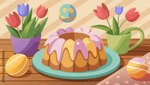 Still life of easter cake with tulips in pots and decorated eggs on a wooden table top view