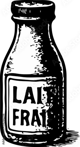  A bottle labeled "Lait Frais" (Fresh Milk), cleanly illustrated in a black and white woodcut style, for dairy or beverage themes
