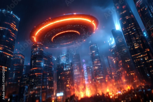 A futuristic cityscape at night illuminated by neon lights, with a glowing, fiery UFO hovering above tall skyscrapers.