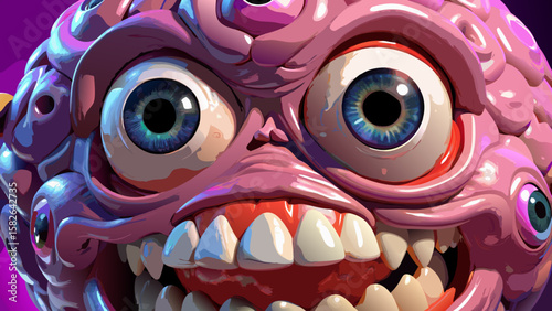Close up of a grotesque brain creature with many eyes and teeth in a surreal style illustration
