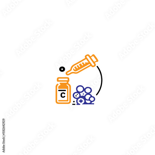 Illustration of vitamin c bottle and dropper with cells