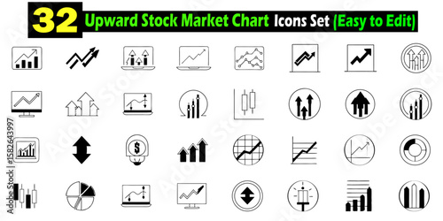 Thirty two upward stock market chart icons set depicting positive financial growth and investment gains in line style
