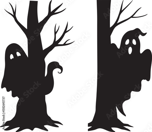 Ghost Peeking From Spooky Tree silhouette