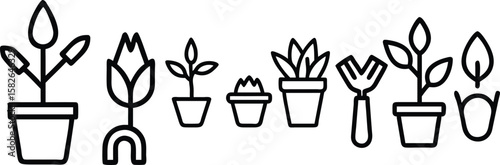 A vibrant vector illustration of gardening tools, with a fork, spoon, and flowerpot surrounded by blooming flowers, leaves, and a growing cactus