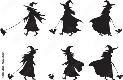 Witch Walking Bat On Leash silhouette