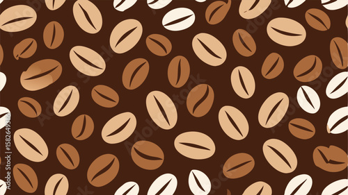 Brown and beige coffee beans scattered on a dark brown background pattern seamless