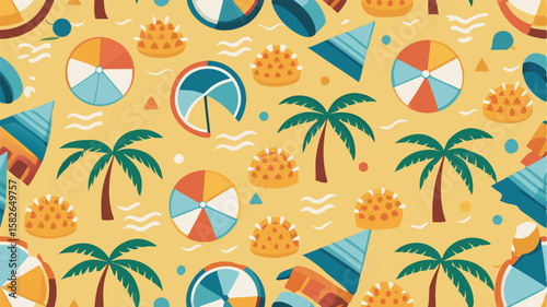 Colorful beach pattern with palm trees beach balls and surfboards summer vacation
