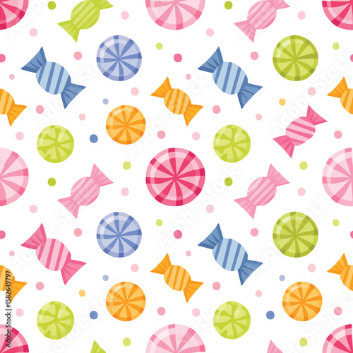 Colorful candy pattern with lollipops and wrapped sweets on white wrapped candy