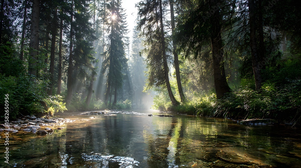 Fototapeta premium Gentle sunbeams illuminate a tranquil river flowing through a lush forest, creating a peaceful and serene atmosphere.
