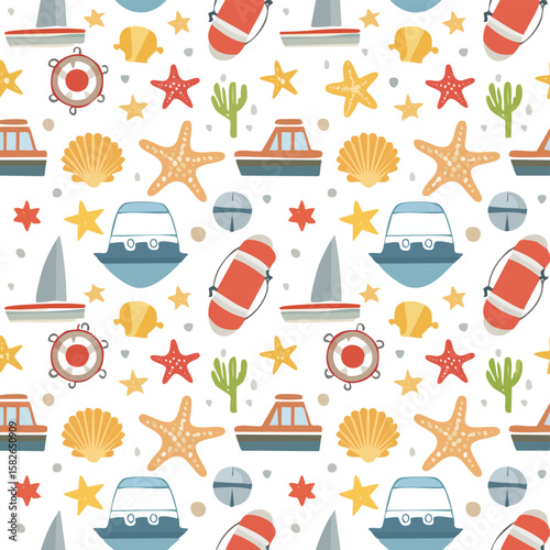 Cute nautical pattern with boats starfish seashells and lifebuoys marine ocean