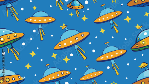 Cute orange and blue U F Os with yellow stars and white dots on blue background flying saucer