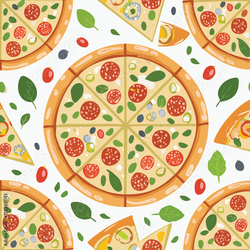 Cute pizza slices and whole pizzas with toppings and leaves pattern pepperoni olives