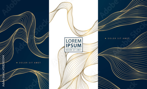 Vector set of line wave asian cards, fancy gold on black background, water abstract elegant pattern. Japanese sea oriental template, wine cover, liquid art deco illustration