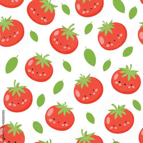 Cute smiling red tomatoes and green leaves seamless pattern fruit food