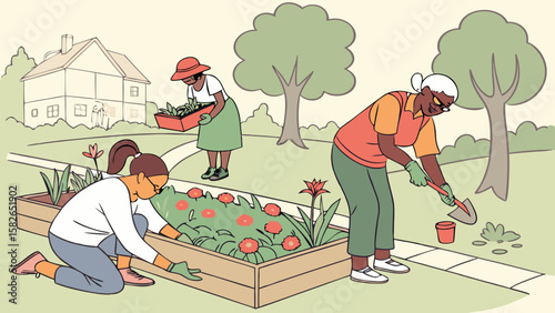 Three women gardening together, showcasing teamwork and community spirit in a vibrant outdoor setting.