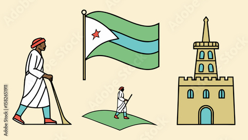 Illustration featuring a person walking with a staff, a flag, and a castle, showcasing cultural heritage.